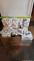 Two cardboard boxes filled with assorted sewing pattern envelopes with visible brand names Butterick, McCall's, and Vogue Patterns, arranged and standing for display.