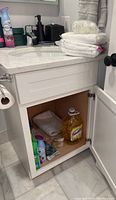 View of under-sink cabinet showing cleaning supplies, including Lysol cleaner, towel, and various spray bottles and containers.