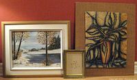 One wide photo showing all three framed pictures together against a red wall, including a winter scene oil painting, a retro plaster design, and a small flower print.
