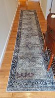 Full length view of the hallway runner rug on hardwood floor, showing the overall pattern and color.