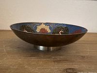 Side view of the copper bowl showing its shape, base, and part of the painted interior.