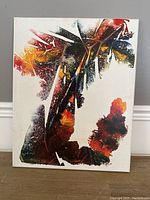 Full view of the signed abstract oil painting on canvas showing colorful composition and texture.