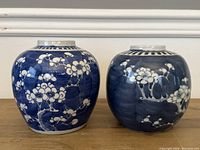 Pair of rounded blue and white Chinese vases with prunus blossom motif
