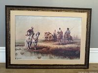Framed print showing five men on horseback in a pastoral scene.