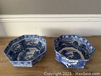 Pair of octagonal Royal Cauldon transferware bowls with blue and white scenic decoration viewed from above showing interior patterns
