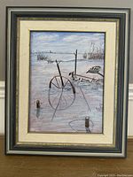 Framed oil on board painting with a winter rural scene featuring rusted agricultural equipment in snow, taken from a slight angle.