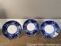 Three 10-inch flow blue plates displayed side-by-side showing consistent pattern and scalloped edges.