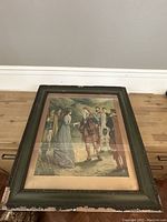 Framed full view of the colored lithograph showing Bonnie Prince Charlie scene and frame wear