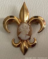 Front view of antique fleur de lis pin with small cameo in the center, showing overall shape and detail.