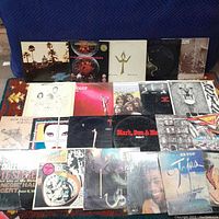 Overhead view of first grouping of 16 LP covers laid out on carpet