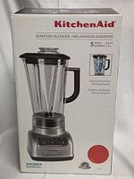 Box of KitchenAid Diamond Blender showing product details and 5 speed options.