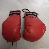 Pair of red boxing gloves with one glove showing a black autograph signature.