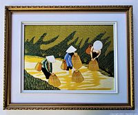 Full view of framed Asian silk embroidery art showing three figures with baskets and conical hats by water and vegetation.