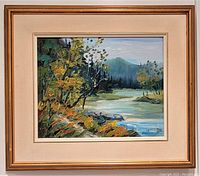 Frontal shot of entire framed oil painting showing artwork and frame