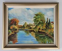 Framed oil painting on board showing the entire artwork and frame, capturing the landscape with river, trees and houses.