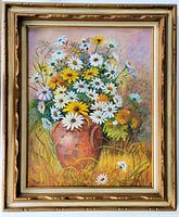 Full view of framed oil painting showing daisies in terracotta vase