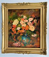 Full view of the framed floral oil painting, showing the bouquet in a blue vase and the ornate vintage frame.