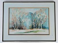 Front view of the framed watercolour painting showcasing the entire artwork, matting and black frame.