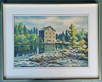 Framed watercolour painting showing full piece with white mat and simple metal frame, condition and size context.
