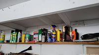 Shelf containing various bottles and containers of household chemicals including sprays and lubricants with different colored labels, lined up in a row.