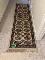 Full view of the runner rug laid out in a hallway showing its length and fringe.