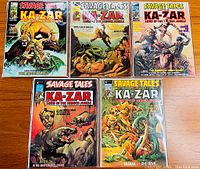 Front covers of five Savage Tales comic magazines featuring Ka-Zar, Shanna, and Brak the Barbarian with colorful artwork depicting jungle and adventure themes.