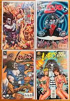 Four Lobo comic books arranged side by side, showcasing their colorful front covers with distinct scenes and characters.
