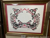 Framed Haida Gwaii artwork showing full piece with red matte and signature in lower right.