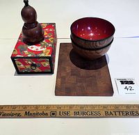 Photo showing entire lot: vintage paper box with drawer, teak spice container, pair of miso soup bowls, and teak serving tray with ruler for scale.