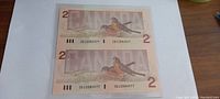 Top side of uncut sheet showing robins and large 'CANADA' text with two $2 bills serial numbered CBJ2082477 and CBJ2084977