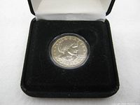 Top view of coin inside black display box lined with white; coin housed in clear plastic case showing side with eagle