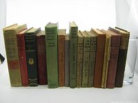 View of the old book lot showing 14 hardcover books with various colored cloth bindings arranged in a row.