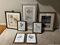 Photo of six framed artworks including botanical and nature-themed prints with varied frame styles and sizes arranged on floor against wall.