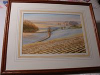 Full image of the framed watercolor painting showing landscape and frame details.