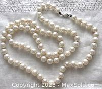 Full view of pearl necklace laid on fabric background