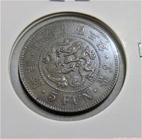 Obverse side of the 1894 Korea 5 Fun copper coin featuring a dragon and denomination.
