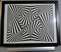 Full view of the framed black and white geometric ink art featuring intersecting striped patterns.