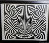Full view of framed geometric ink art showing black and white alternating lines creating a converging optical illusion pattern.