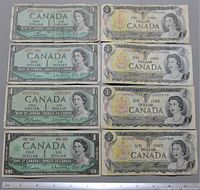 Top sides of eight circulated Canadian $1 banknotes arranged in two columns, showing Queen Elizabeth II portraits and denominations, some notes with wear and creases