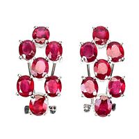 Front view of pair of sterling silver earrings with six oval-cut genuine red rubies each in prong settings arranged vertically.