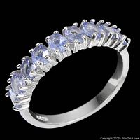 Side angle close-up of the ring showing the tanzanite stones and sterling silver band