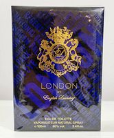 Front view of factory sealed London by English Laundry Eau de Toilette box in dark blue and black colors with gold crest and text.