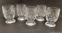 Five crystal shot glasses arranged in a row showing transparent pinwheel design with round foot bases