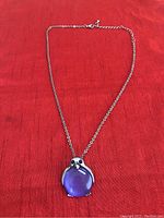 Full view of silver-tone penguin pendant necklace with purple stone on red background