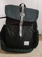 Front view of black backpack with flap buckle and front pockets