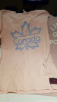 Photo of a light pink ladies t-shirt with a blue maple leaf outline and the word 'Canada' printed on the front. Includes a close-up of the bottom hem label.