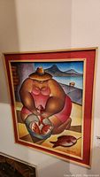 Full view of the original painting depicting a woman holding a fish, with a coastal landscape background.