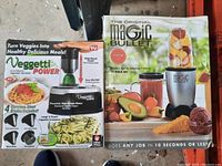 Photo of Veggetti Power spiralizer and Magic Bullet 11-piece blender set in original packaging.