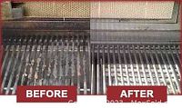 Before and after photos showing a barbecue grill with heavy residue and rust before cleaning and a spotless clean grill after professional service.