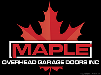 Maple Overhead Garage Doors Inc. logo on black background with red maple leaf graphic